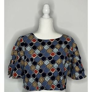 BOMBAY PAISLEY Cropped Short Sleeve Linen Blouse M